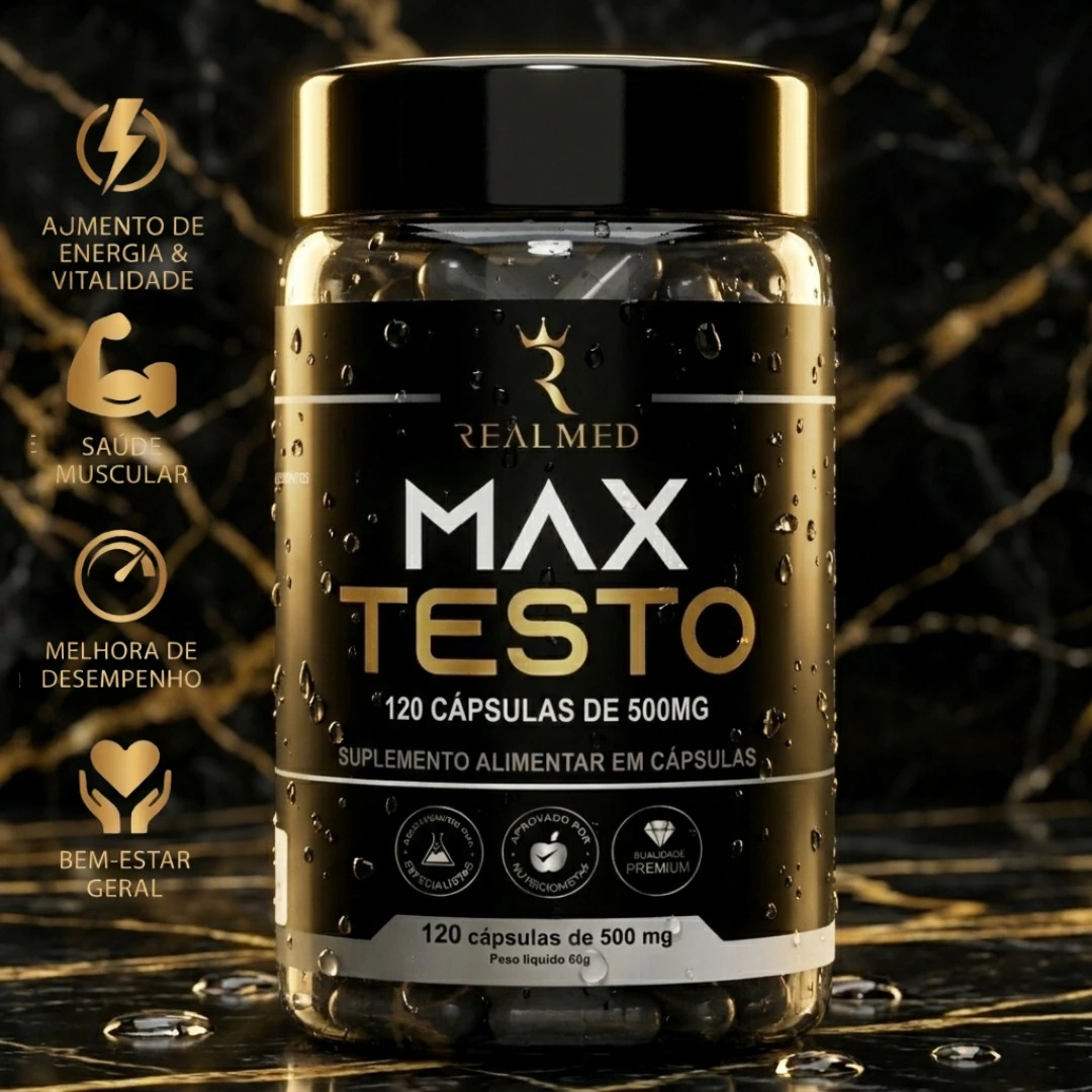 Pote Max Testo Realmed em cenário preto e dourado
