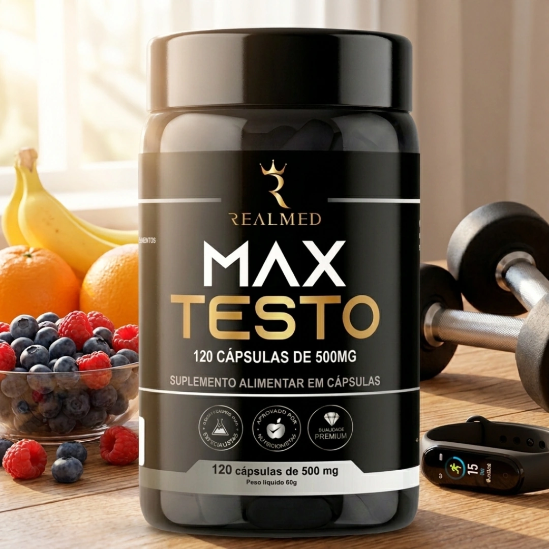 Max Testo ao lado de alimentos, halteres e pulseira de atividade